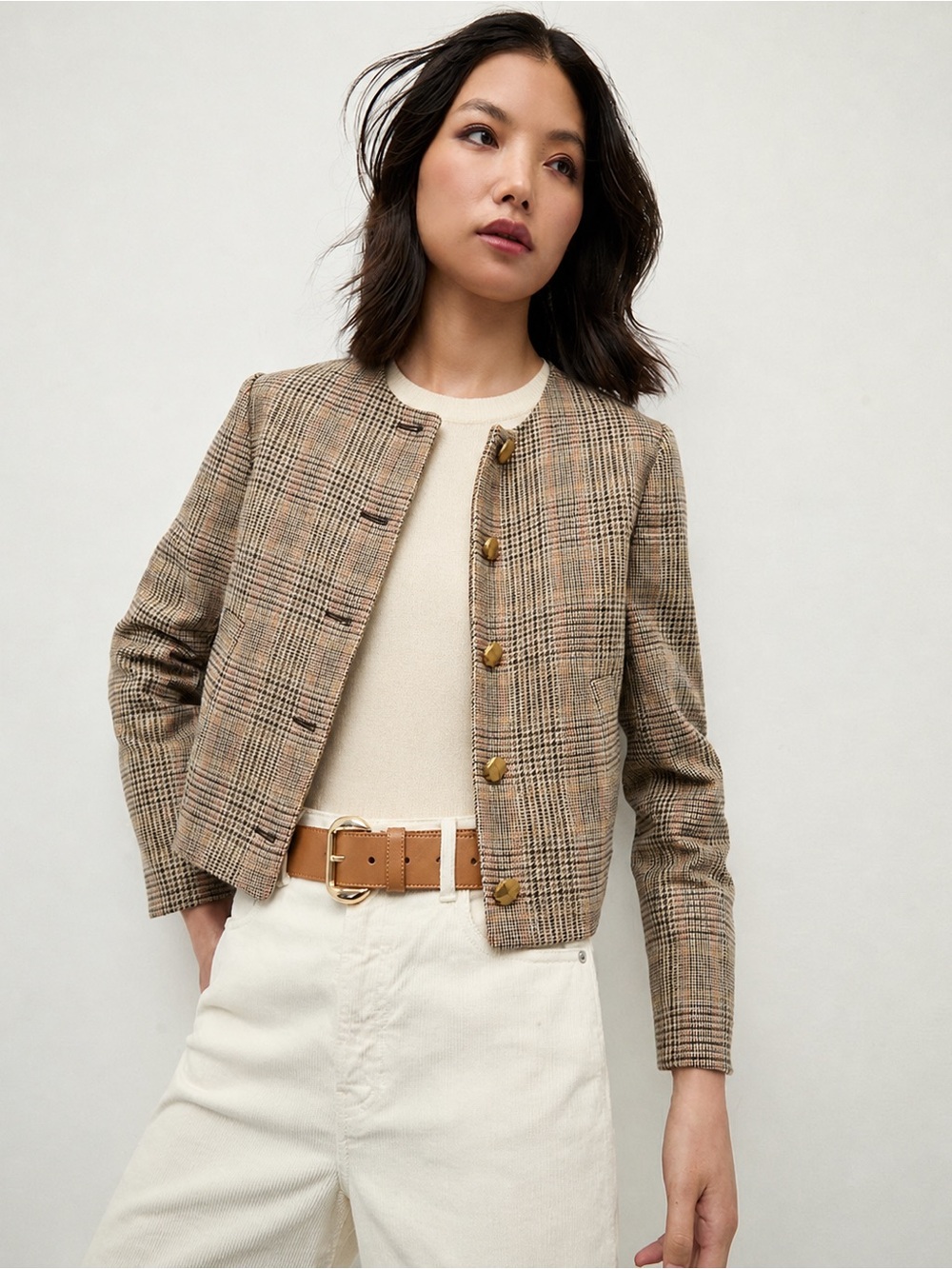 Veronica Beard Andrea Plaid Jacket Cropped Collarless Blazer Brown Gold Buttons